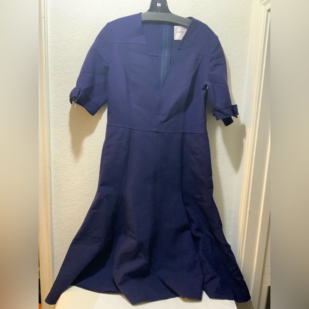 $2490 Carolina Herrera Women's midnight Blue Sleeve bow accent Dress Size 12
